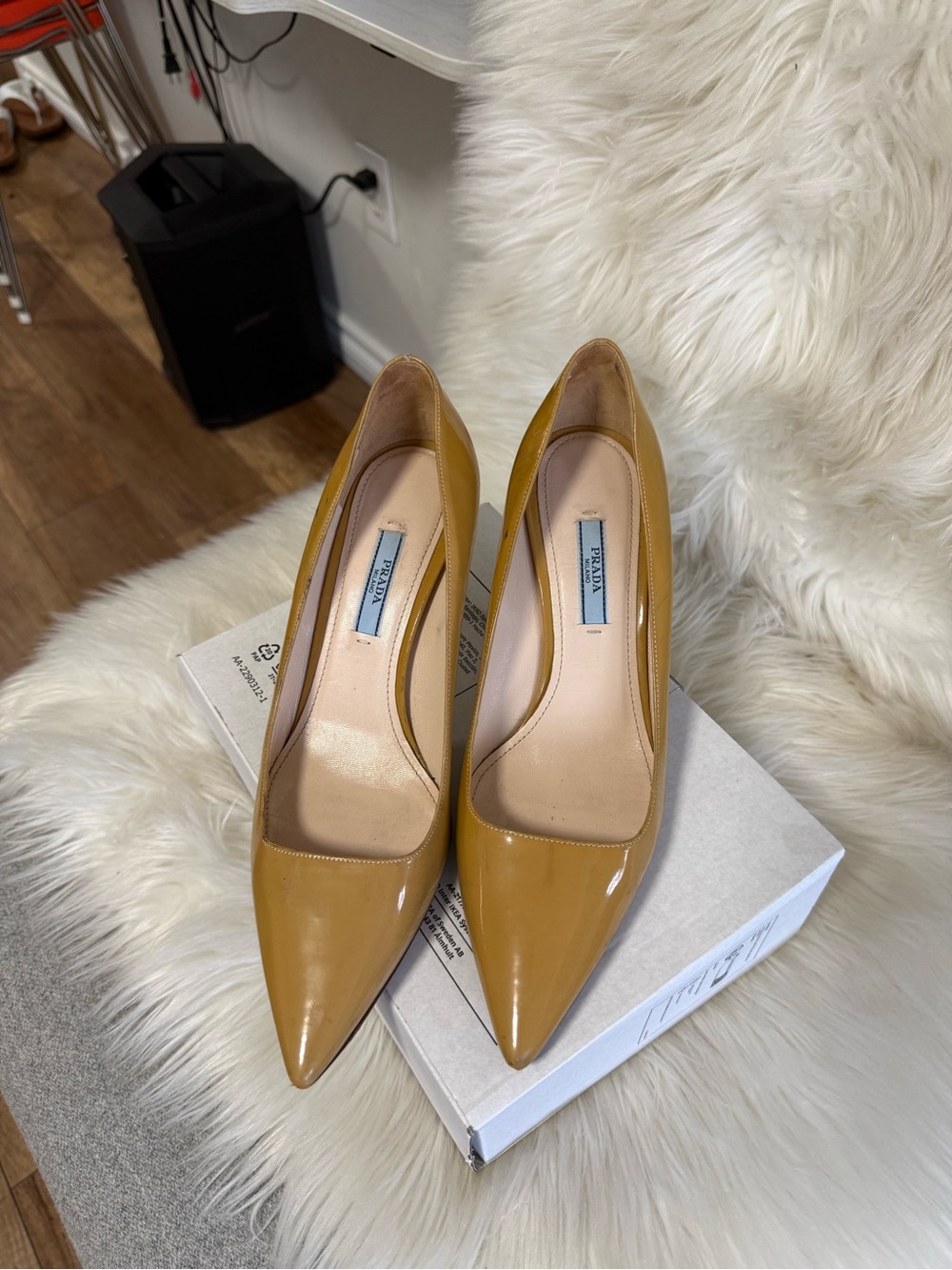 Authentic Prada Women's Mustard Patent Leather Pointed-Toe Pumps Size 38